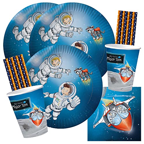 dh-konzept/spielum 68-teiliges Party-Set - Weltraum Astronaut Major Tom - Teller Becher Servietten Trinkhalme für 16 Kinder