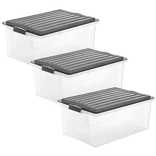 Rotho Compact 3er-Set Aufbewahrungsbox 38l mit Deckel, Kunststoff (PP) BPA-frei, anthrazit/transparent, 3x38l (57,5 x 40,0 x 25,0 cm)