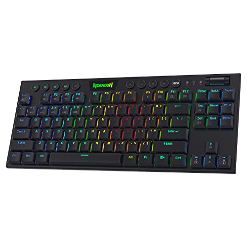 Redragon K621 Horus TKL mechanische RGB-Tastatur, 5.0 BT/2.4 Ghz/Kabelgebunden DREI Modi 80% Ultraflache Low Profile Bluetooth-Tastatur mit dedizierter Mediensteuerung und linearen roten Schaltern