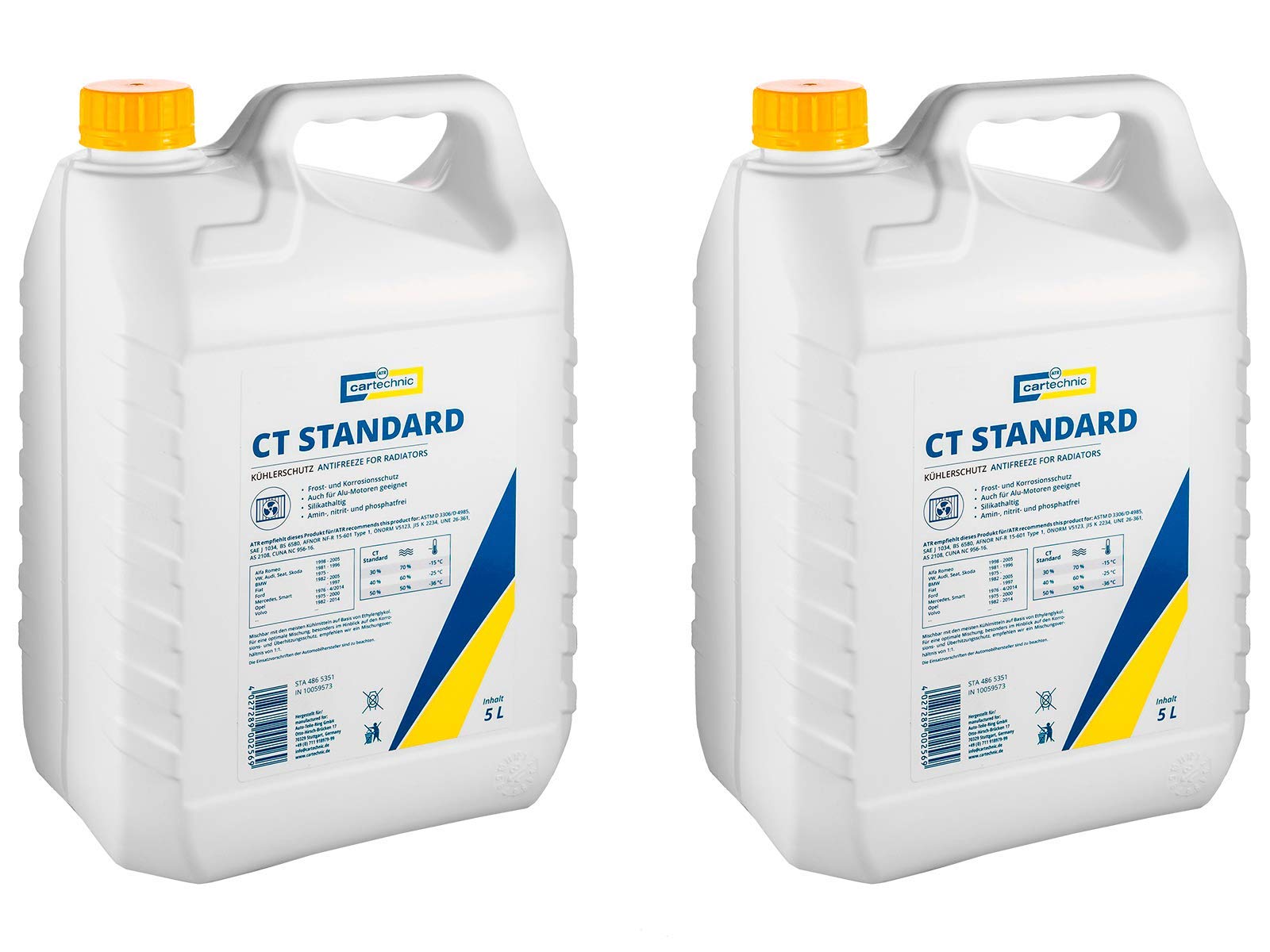 2x Cartechnic 5 Liter Kühlerfrostschutz Anti-Freeze Gelb Yellow CT Standard Kühlflüssigkeit Frostschutz