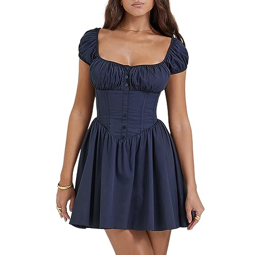 GETERUUV Damen Kleid Aus Der Schulter Gesmoktekleid Kurze Puffärmel Midikleider Shapewear Sommer