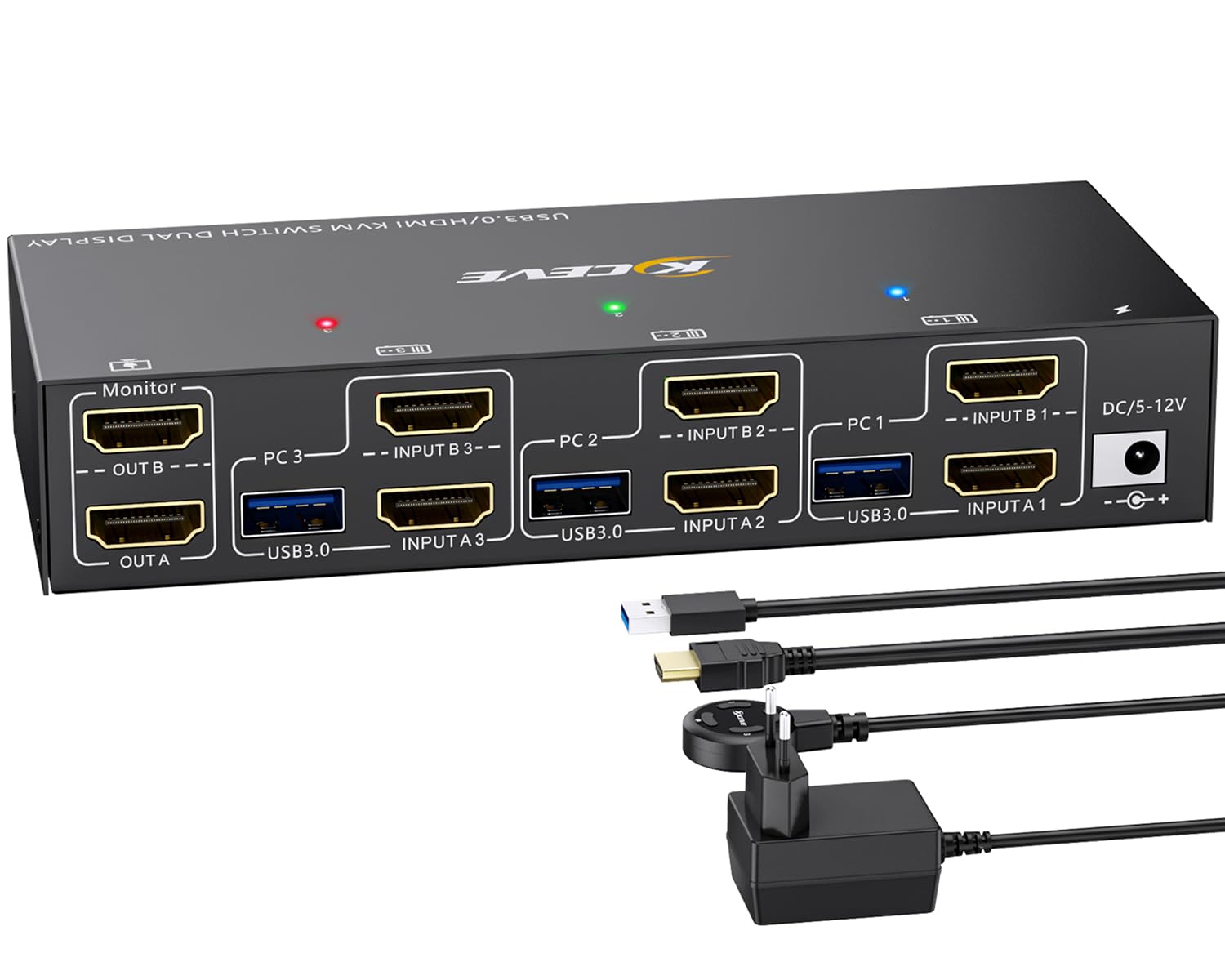 HDMI USB 3.0 KVM Switch 3 PC 2 Monitore 4K@60Hz,EDID Emulator, Dual Monitor KVM Switch HDMI mit 4 USB 3.0 Ports für 2 PC/Laptops, Support Extended & Copy Mode, mit USB-Kabel und Desktop Controller