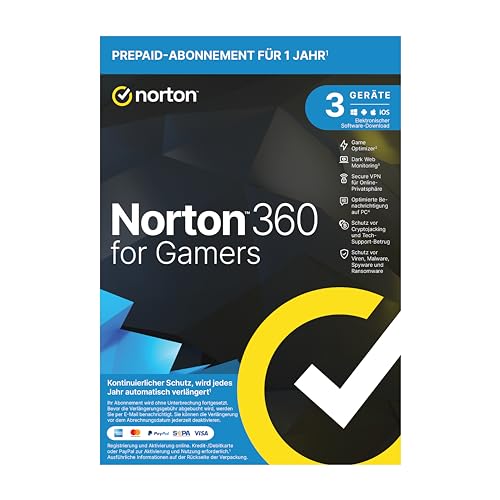 Norton 360 for Gamers 2024, 3 Geräte , Cybersicherheit für Game, 1-Jahres-Abonnement mit Verlängerung , PC/Mac/Android/iOS, Aktivierungscode in Originalverpackung