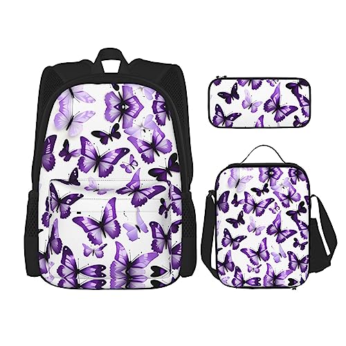 OdDdot 3-teiliges Rucksack-Sets, Druck schwarz und weiß Pfotenabdruck Rucksack mit Lunchbox und Federmäppchen, große Kapazität Rucksack Büchertasche, Weiße lila Schmetterlinge, Einheitsgröße