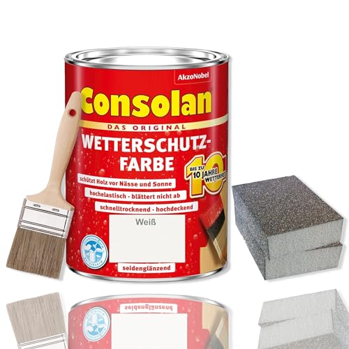 Consolan Wetterschutzfarbe Set 750 ml Holzfarbe Dauerschutz Deckend mit Zubehör (Weiß)
