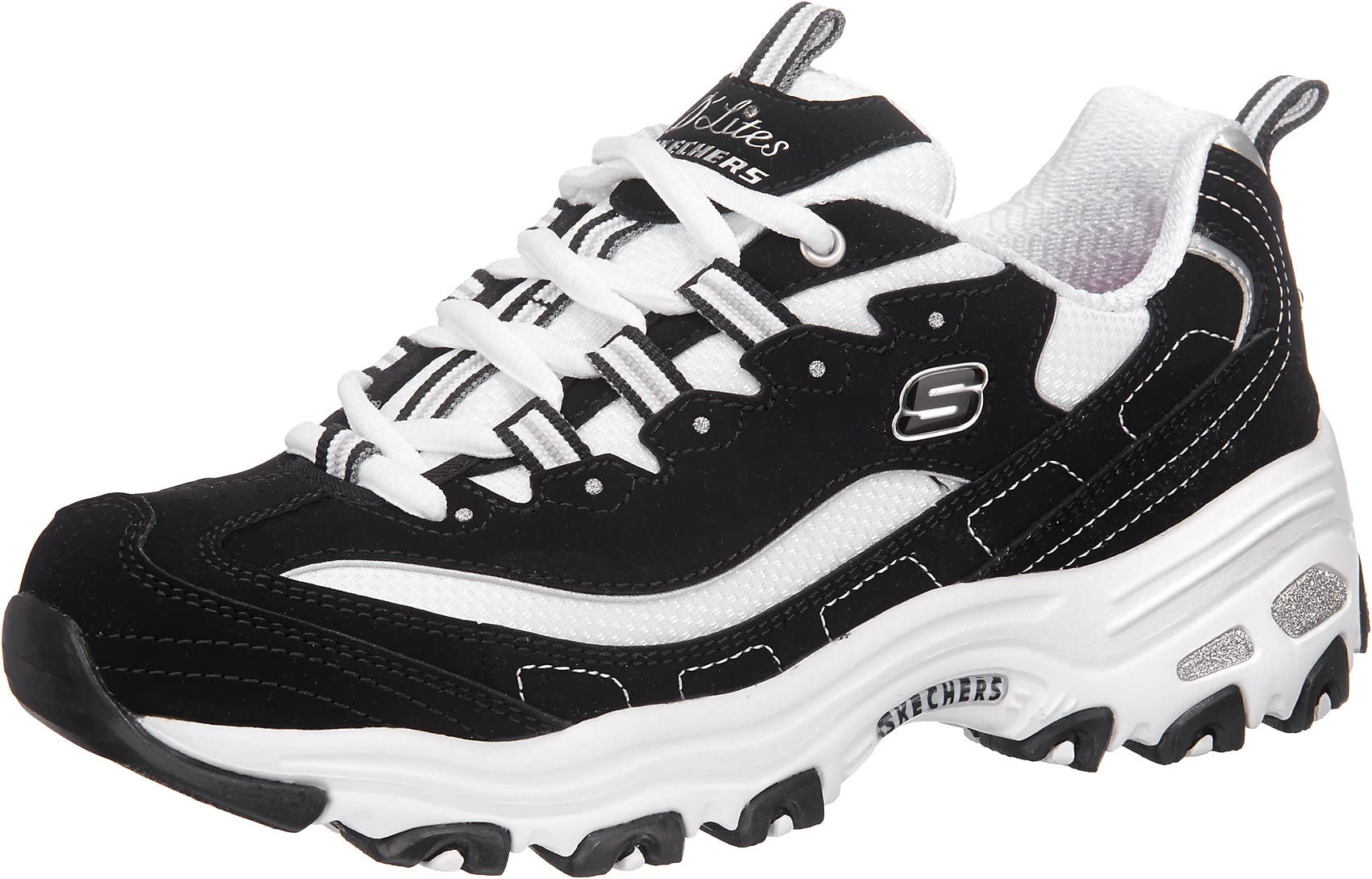 Skechers Damen D'lites Biggest Fan Sneaker, Black Trubuck White Mesh Silver Trim, 36 EU