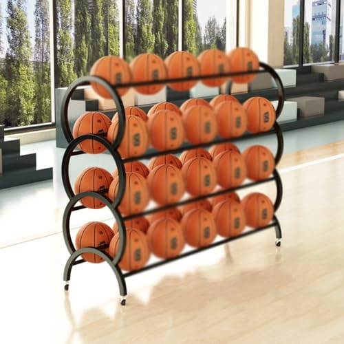 Ballwagen Ballregal Basketball-Aufbewahrungsregal mit 4 Etagen, extra großer Aufbewahrungsständer für rollende Bälle, Basketbälle, Präsentationsständer für Fitnessstudio, Schule, Club, Spielzimmer, Ki