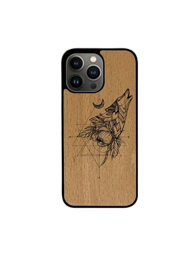 Enowood Schutzhülle aus Holz für iPhone 15 Plus, handgefertigt – Wolf mit Gravur – Buche