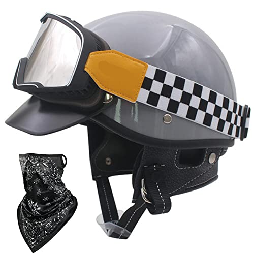 Motorrad-Halbhelm, Retro-Motorradhelm mit offenem Gesicht, Erwachsener Unisex-Helm, Leichter Motorradhelm, Sonnenblende, Schnellverschluss-Schnalle, Schutzbrille + Gesichtsschutz, ECE-geprüf
