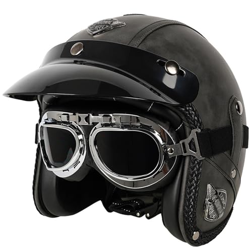 Leder-Jethelm Vintage-Motorradhelm Open Face Leder-Helm Winddichter Motorrad Roller Helm, Mit Brille, ECE Genehmigt Jethelm Für Damen Und Herren 12,M