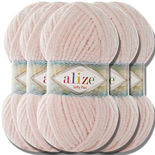Alize 5x 100g Softy Plus türkische Wolle Super Bulky Chenillegarn Babywolle Handstrickgarn ohne Nadel zum häkeln weiches Chenille-Garn XXL-Knäuel für Amigurumi (Nude | 382)