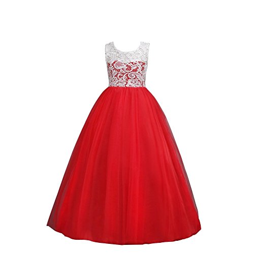 Wulide Kinder Mädchen Prinzessin Kleid Abendkleid mit Blumen-Muster, Rot, Gr.122/128(Herstellgröße:130)