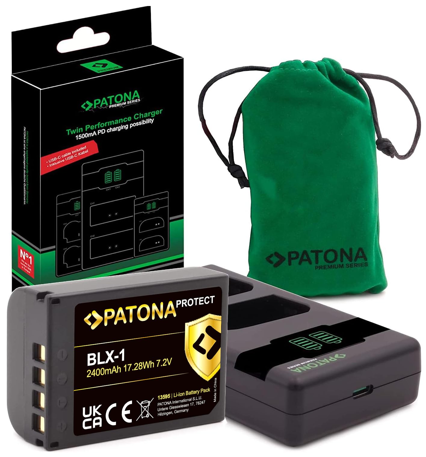 PATONA V1 Protect Akku BLX-1 (2400mAh) mit NTC Sensor und V1 Gehäuse - 1500mA PD Performance USB Ladegerät 161713 - Kompatibel mit OM System BLX-1