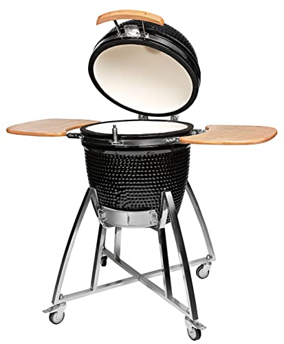 Tarrington House Keramikgrill, Kugelgrill Holzkohle, Standgrill Kohle, ø 46.7 cm, Edelstahl, Bambusholz und Keramik, mit Grillrost, Belüftung, 2 x Beistelltisch, schwarz