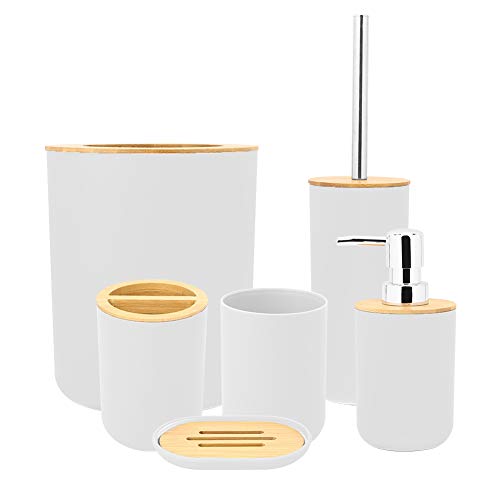 Lotionspender + Mülleimer+ Zahnbürstenhalter+ Zahnputzbecher+Toilettenbürste + Seifenschale, 6 Stück / Set Haushaltsbad Toilettenzubehörset (Weiß)