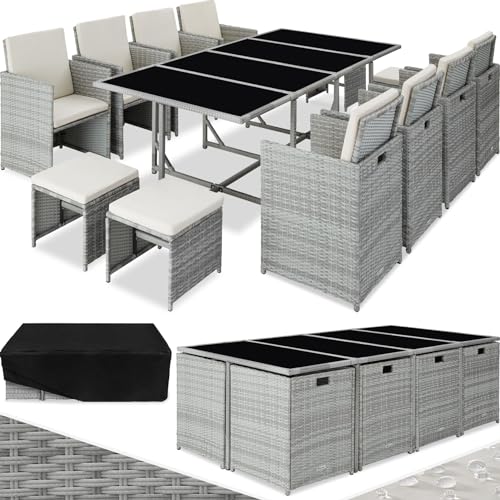 tectake 800823 Poly Rattan 8+4+1 Sitzgruppe, 8 Stühle 4 Hocker 1 Tisch, als Würfel verstaubar, inkl. Schutzhülle & Edelstahlschrauben (Hellgrau-Creme | Nr. 404396)