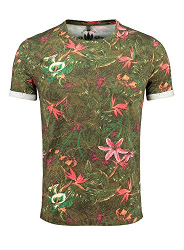 KEY LARGO Herren T-Shirt Jungle Vintage Print Flower Blumen Fullprint Sommershirt, Grösse:S, Farbe:Olive
