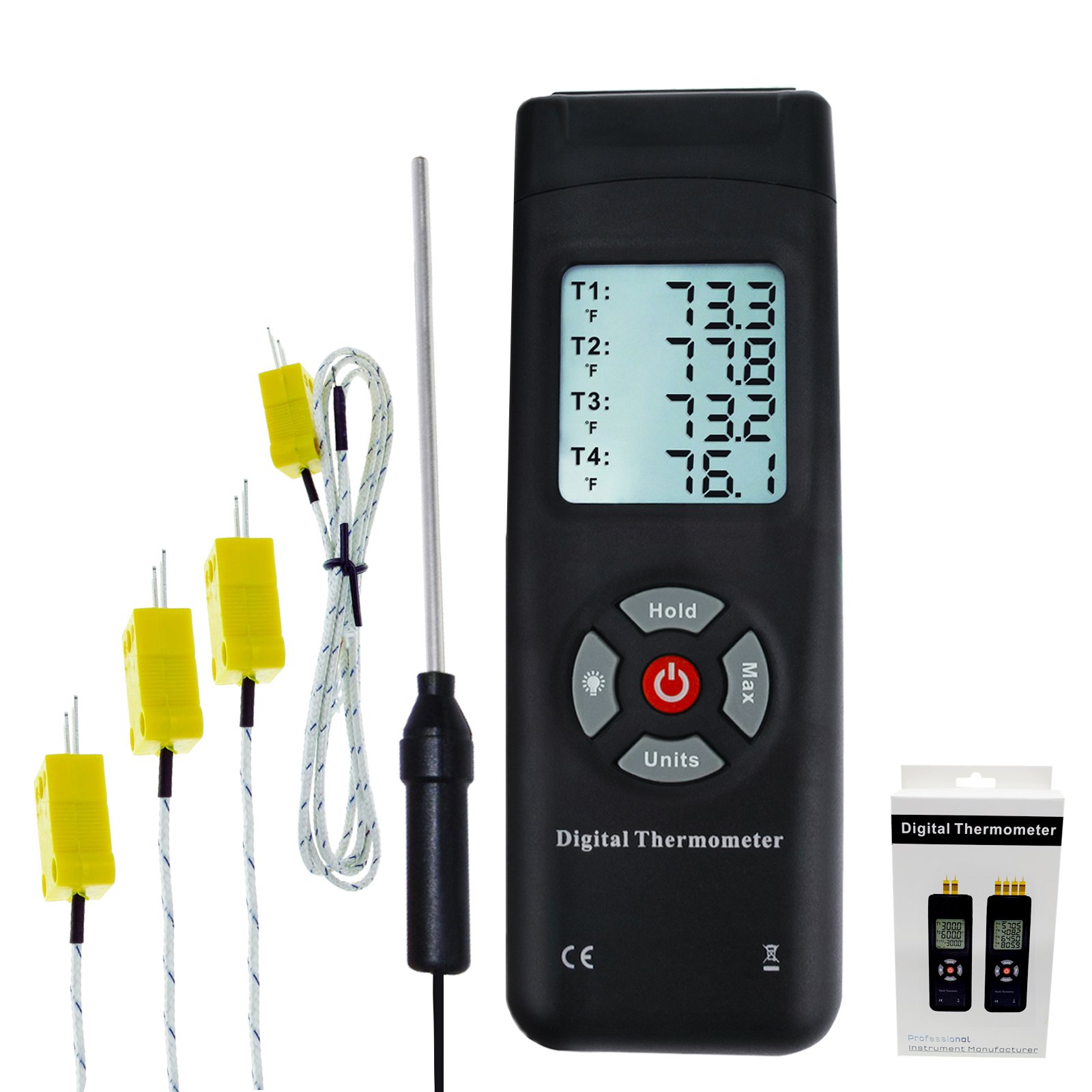 Thermometer 4 Kanäle K-Typ Thermoelement-Sensor-Tester mit K-Typ Metall Probe, Hintergrundbeleuchtung und Temperatur Instrument