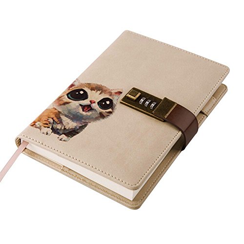 ToiM Notizbuch mit niedlichem Tiermotiv, PU-Leder, mit Zahlenschloss und Stifthalter, B6-Größe, Passwort-Tagebuch (ohne Chinesisch oder Japanisch) (Katze)