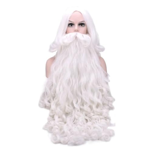 Dewedrt Weihnachten Cosplay Perücke mit Bart Papa Bart Perücke Weiß Synthetisch Lockig Haar Cosplay für Erwachsene