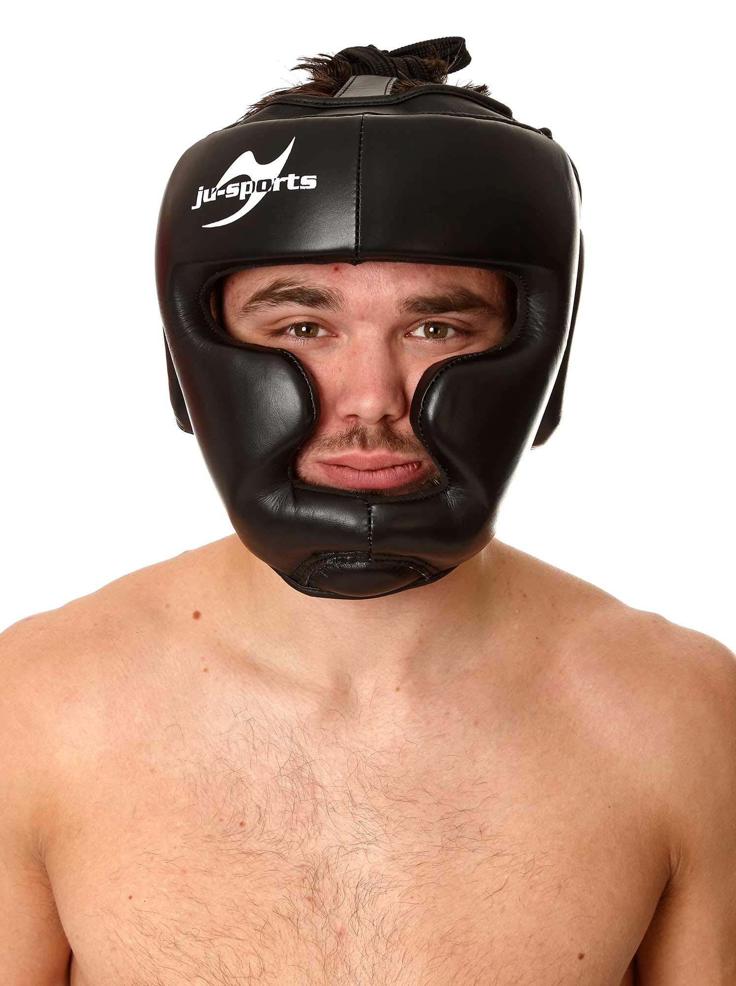 Ju-Sports Kopfschutz Chin - schwarz, Leder I Kinn-, Ohren- & Jochbeinschutz optimal Für Boxen, Kickboxen, Thai Boxen und andere Kampfsportarten I Größe M