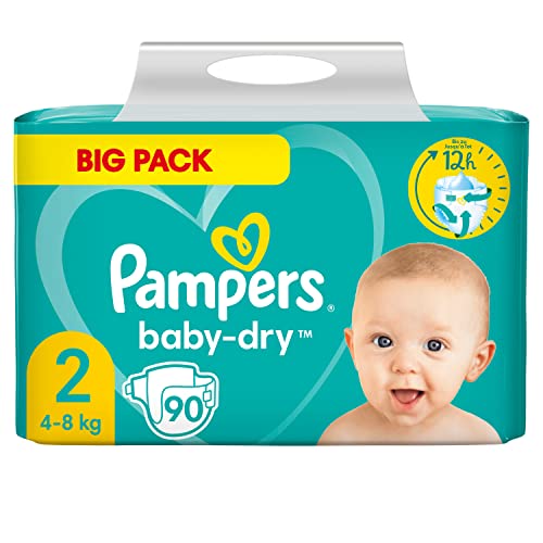 Pampers Baby Windeln Größe 2 (4-8kg) Baby-Dry, Mini, BIG PACK, bis zu 12 Stunden Rundum-Auslaufschutz, 90 Stück