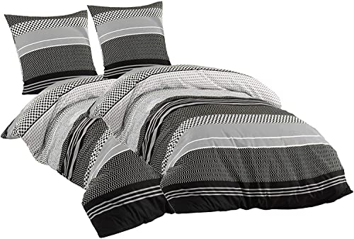 Sentidos Bettwäsche-Set 4teilig Renforcé Baumwolle 135x200 cm mit Reißverschluss Bett-Bezug, 80x80 cm Kissen-Bezug Bett-Garnitur Grau schwarz weiß (2 STK.135 x 200 cm + 2 STK. 80 x 80 cm)