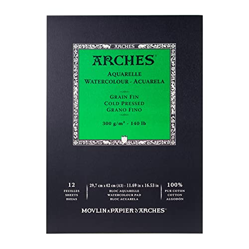 Arches 1795094 Aquarellpapier im Block (A3: 42 x 29,7 cm Kopfgeleimt 300g/m² Feinkorn) 12 Blatt naturweiß