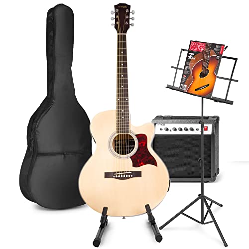 MAX ShowKit Elektrische Akustikgitarre, Akustische E-Gitarre Set - Gitarrenverstärker 40 Watt, Gitarrenständer, Notenständer und Gitarren-Stimmgerät - Natur