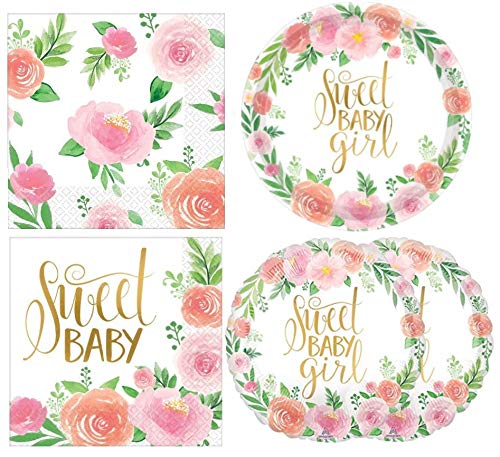 Baby Girl Shower Floral Party Supplies Kit: Teller, Servietten und Luftballons – Rosa und Pfirsich Blumen