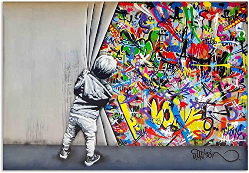 Wandbilder Bilder Banksy like Junge hinter dem Vorhang Wandbild auf Leinwand,Streetart graffiti Kunstdruck Wanddekoration 70x100cm Kein Rahmen-2