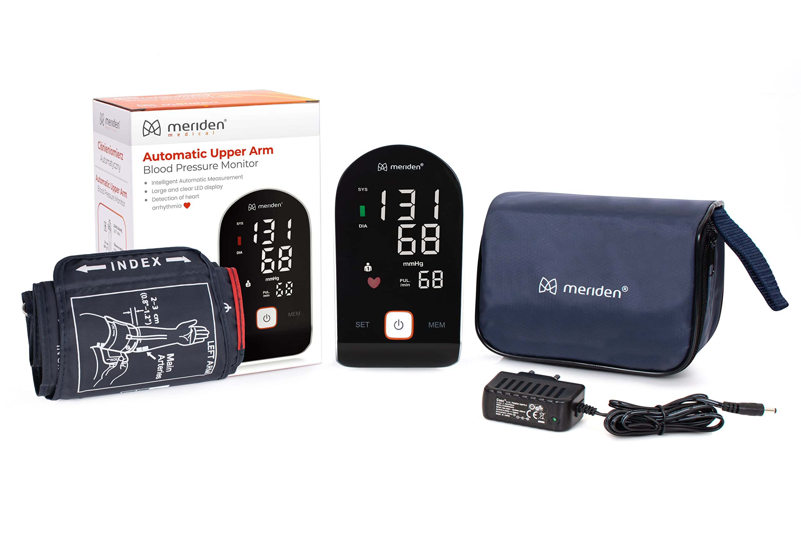 MERIDEN Oberarm-Blutdruckmessgerät Xlive3, 2 Benutzer x 90 Messwerte mit Arrhythmie-Erkennung Blutdruck- und Pulsmessung Großes LED Display Blutdruckmessgerät für Oberarmumfänge von 22-42 cm