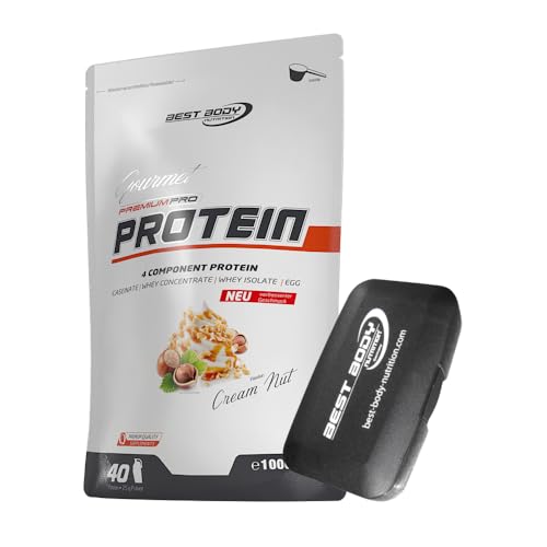 1kg Best Body Nutrition Gourmet 4 Komponenten Protein Eiweißshake - Set inkl. Protein Shaker / Gratiszugabe (Cream Nut, Best Body Tablettenbox)