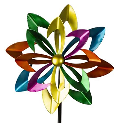 Windrad Metall doppelt Blume Bunt Gartenstecker H 180 cm D 48 cm Windspiel Garten Windmühle