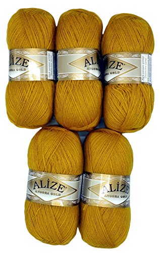 Alize 5 x 100 g Strickwolle mit Mohair, Gold gelb Nr. 02 zum Stricken und Häkeln, 500 Gramm Wolle