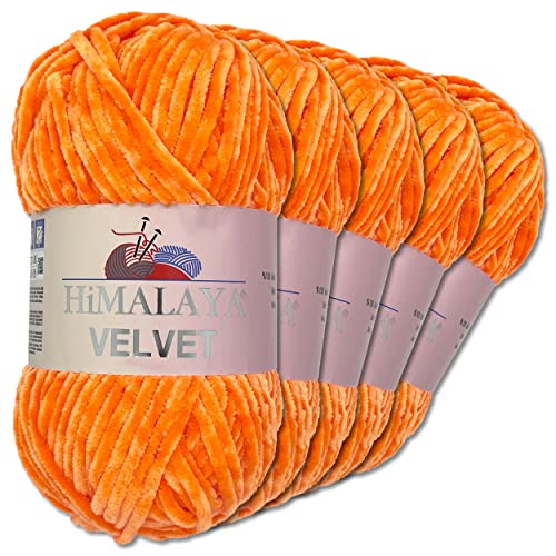 Wohnkult Himalaya 5 x 100 g Velvet Dolphin Wolle 40 Farben zur Auswahl Chenille Strickgarn Glanz Flauschgarn Accessoire Kleidung (90016 | Kürbis)