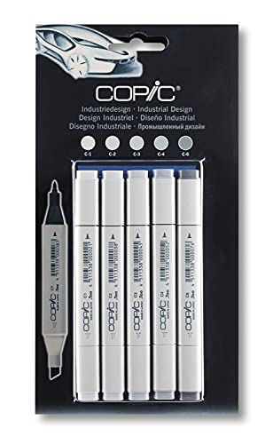 COPIC Classic Marker Set "Industriedesign" mit 5 Grau-Tönen, professionelle alkoholbasierte Layoutmarker mit einer mittelbreiten und einer feinen Spitze