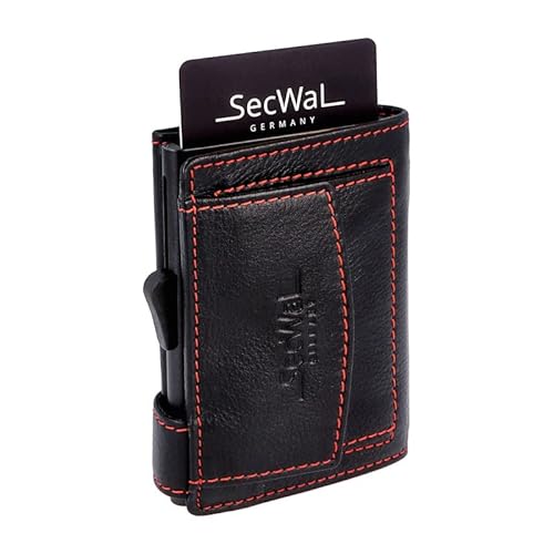 SecWal Kreditkartenetui mit Münzfach Druckknopf - Echtleder Mini Geldbörse inkl. E-Book für Damen und Herren - RFID Schutz (Schwarz-Rot)