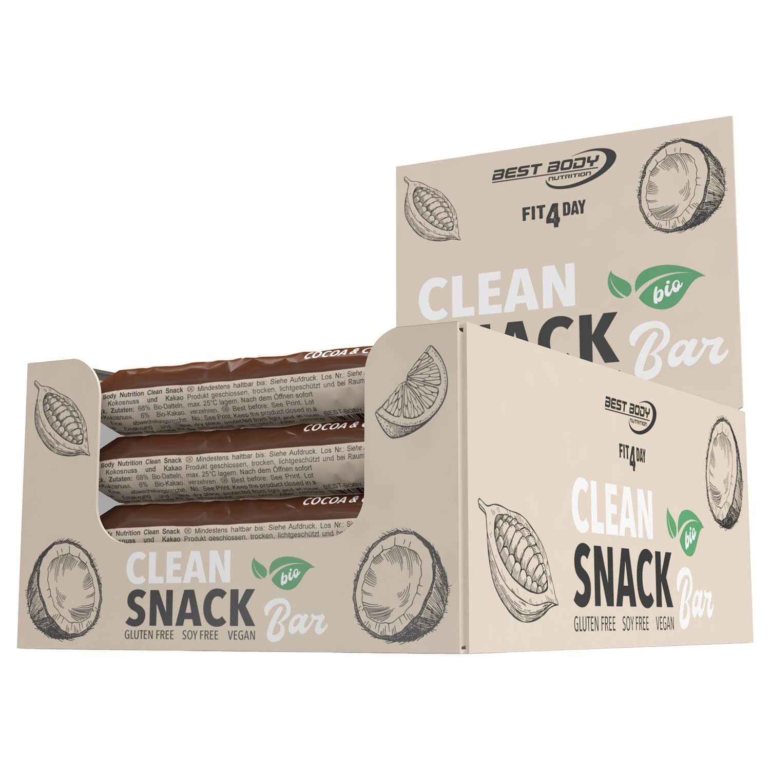 Best Body Nutrition - Bio Clean Snack Bar BIO Energy Riegel mit Datteln aus biologischer Landwirtschaft - Glutenfrei, vegan & ohne Zusatzstoffe - Geschmack Coconut & Cocoa - 20 x 50 g Riegel