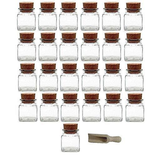 Viva Haushaltswaren - 25 x Gewürzglas eckig 120 ml, Glasdose mit Korkverschluss als Gewürzdose & Vorratsdose für Gewürze, Salz etc. verwendbar (inkl. kleiner Holzschaufel 7,5 cm)