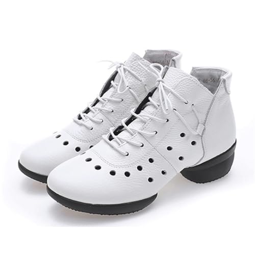 VEACAM Damen Jazz Schuhe Schnüren Praxis Tanz Turnschuhe Atmungsaktives Leder Moderne Tanzschuhe Plattform Wanderschuhe,Weiß,38 EU