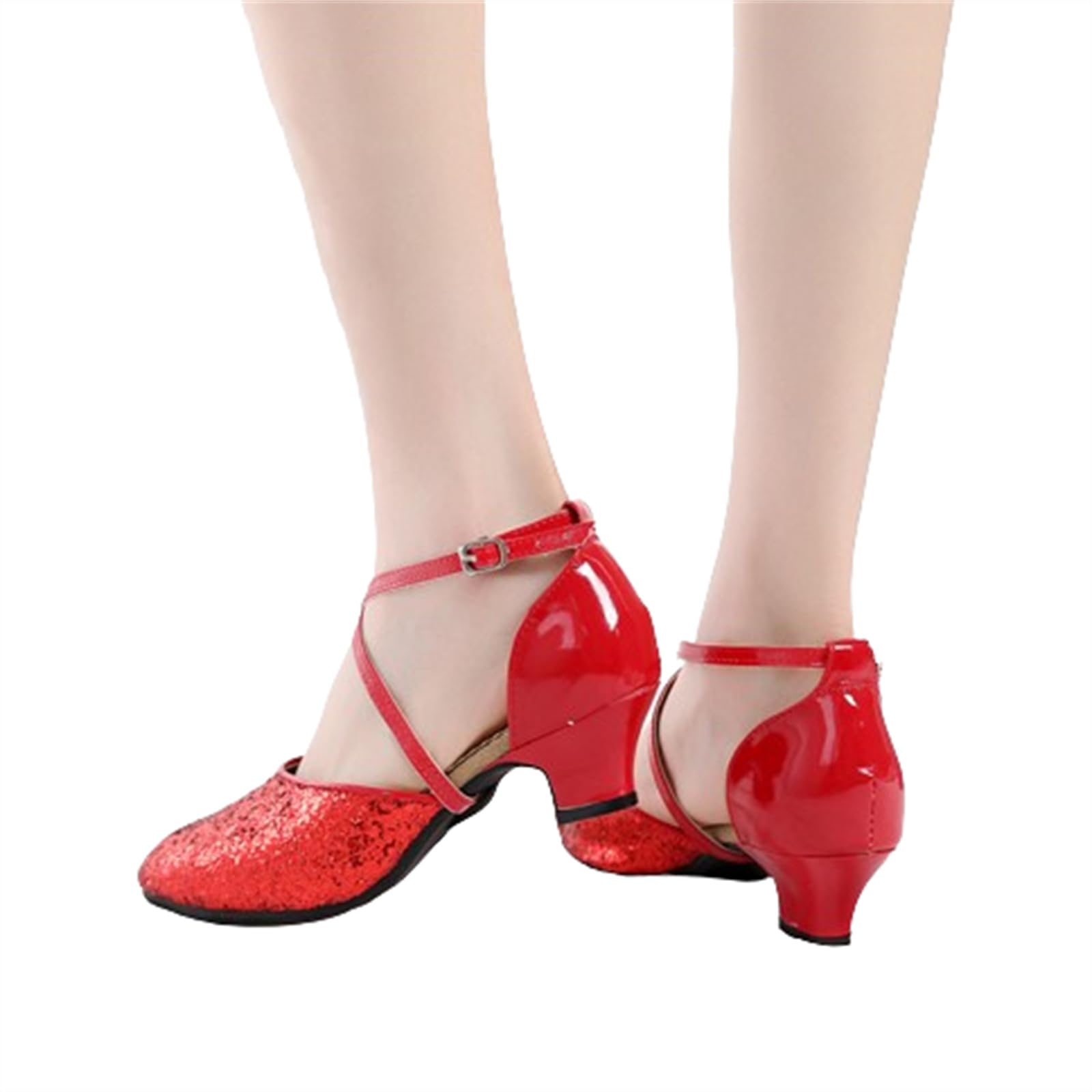 HGYJ Damen-Latin-Tanzschuhe mit glänzenden Kreuzriemen, Vier Farben, geschlossene Cha-Cha-Tanzschuhe, DREI Absatzhöhen erhältlich,Red3.5cm,36