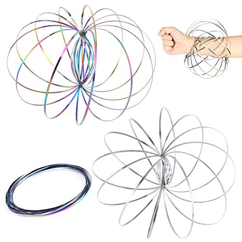 REYOK 2 Stück Flow Ring,Ring Regenbogen- Wunderbares Magisches Spielzeug - 3D ARM Slinky - Wissenschaft, Zirkus, Magic Anti Stress Toy für Erwachsene Kinder(Silber + Farbe)