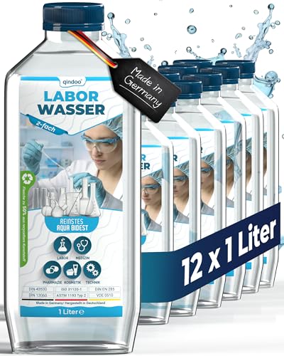 Qindoo 12L Laborwasser 2-Fach demineralisiertes Wasser, Aqua Bidest für für Labor, Medizin, Technik, Kosmetik und DIY und mehr
