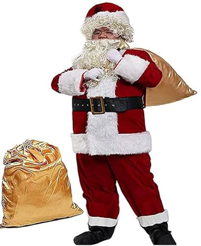 Kcolic 10-Teiliges Deluxe-Weihnachtsmann-Kostüm Für Erwachsene, Weihnachtsmann-Kostüm Für Herren Und Damen, Handschuhe, Lederstiefelüberzüge, Brille, Perücke, Süßigkeitentüte 4XL.