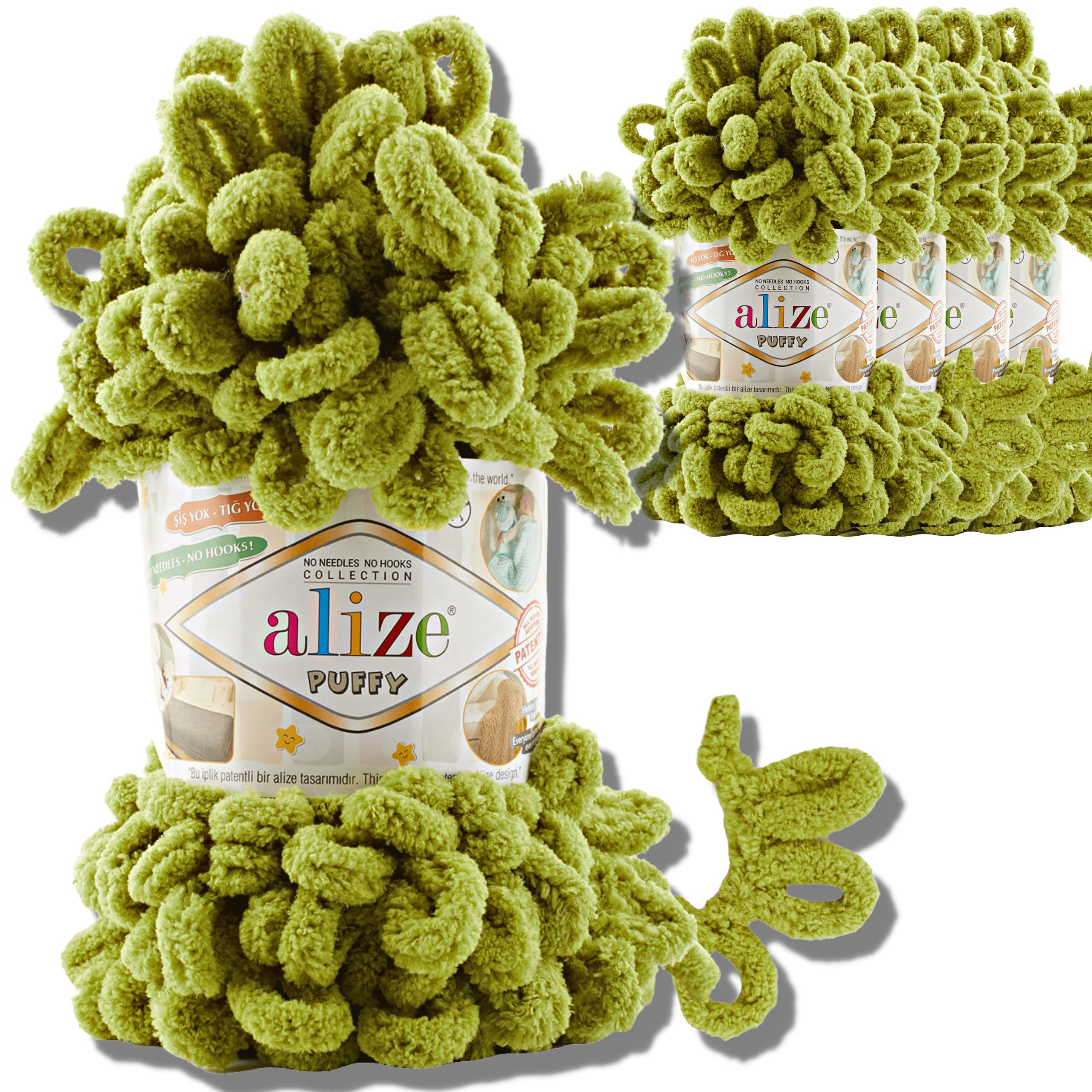 Alize 5x 100g Puffy türkische Wolle Super Bulky Chenillegarn Kuschelweich Babywolle Handstrickgarn zum häkeln weiches Chenille-Garn XXL-Knäuel für Amigurumi (Pistachio Green | 11)