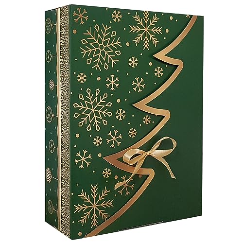 Premium Grün Bedruckte Weihnachtsbaum Geschenkbox – 24 Stk – 35x25x10 cm | Eingetragenes EU-Design | Anpassbares Band | Nachhaltige Verpackungslösung