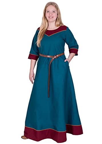 Battle-Merchant Mittelalter Kleid Damen Gesine lang | Wikinger Kostüm LARP Kleidung | mit eingenähten Taschen | Canvas Baumwolle (Petrol, XL)