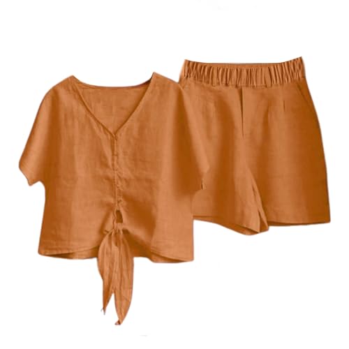 Porceosy Sommer-Shorts-Set für Damen, atmungsaktiv, 2-teiliges Set, Hemd, V-Ausschnitt, einfarbig, einreihig, Schnürknoten, kurze Ärmel, locker, Orange, Größe M