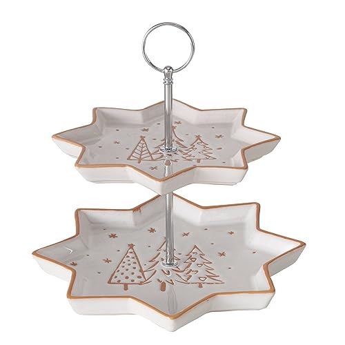 Miss Lovely Etagere Weihnachts-Etagere Winterwald in weiß & Gold aus Keramik 2-stöckig - Geschenk-Idee Weihnachten Weihnachts-Geschirr Serviergeschirr Keks-Teller Advent